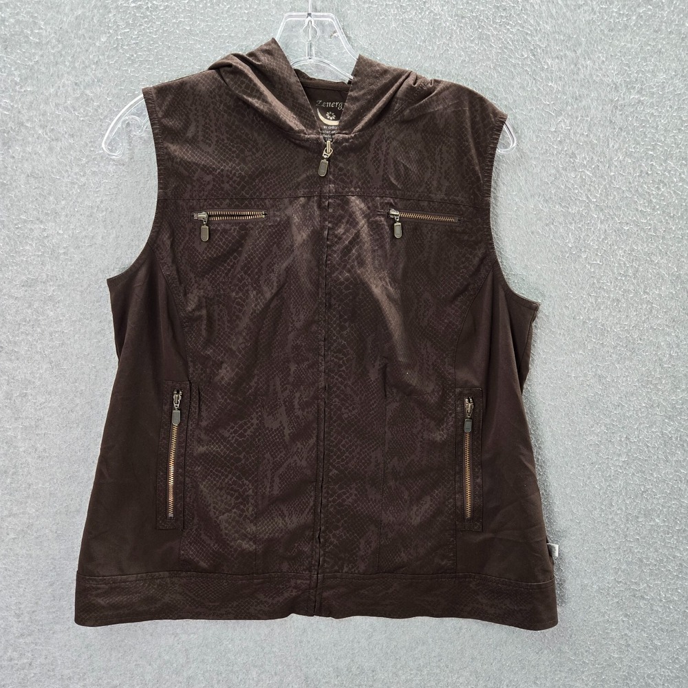 Zenergy by Chico's Women Sweatshirt 1‎ Brown Hoodie Full Zip Sleeveless
